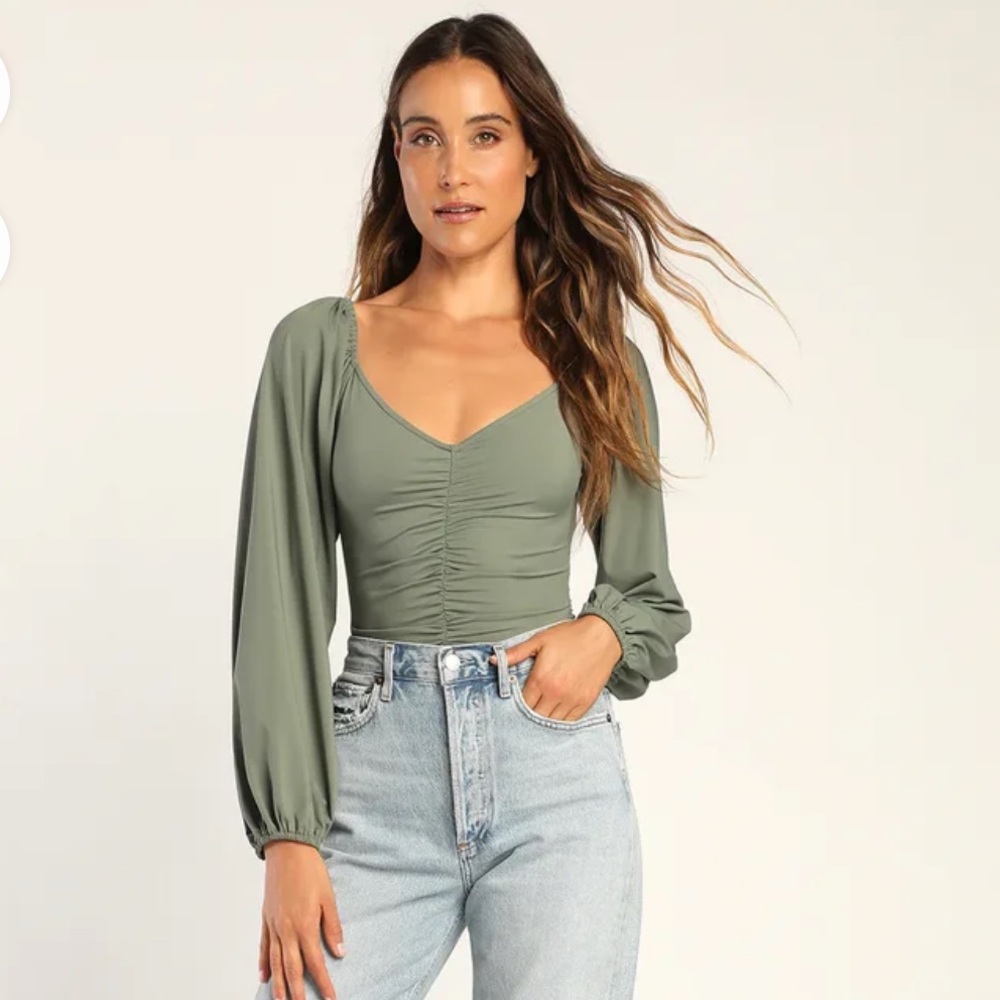 Certified Flirt Sage Green Ruched Long Sleeve Bodysuit - Picture 3 of 3